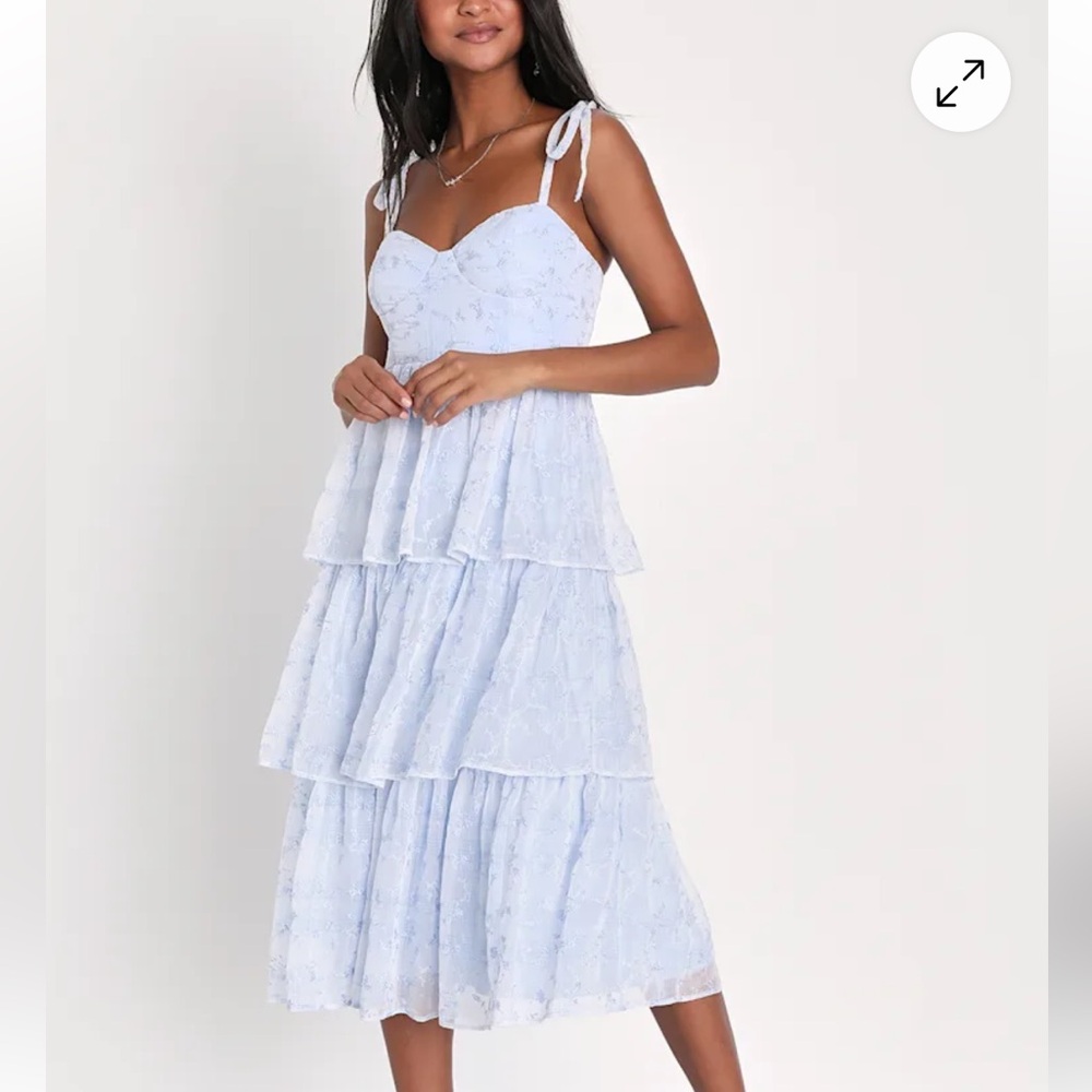 Lulu's | Women’s Light Blue Embroidered Tie-Strap Tiered Midi Dress